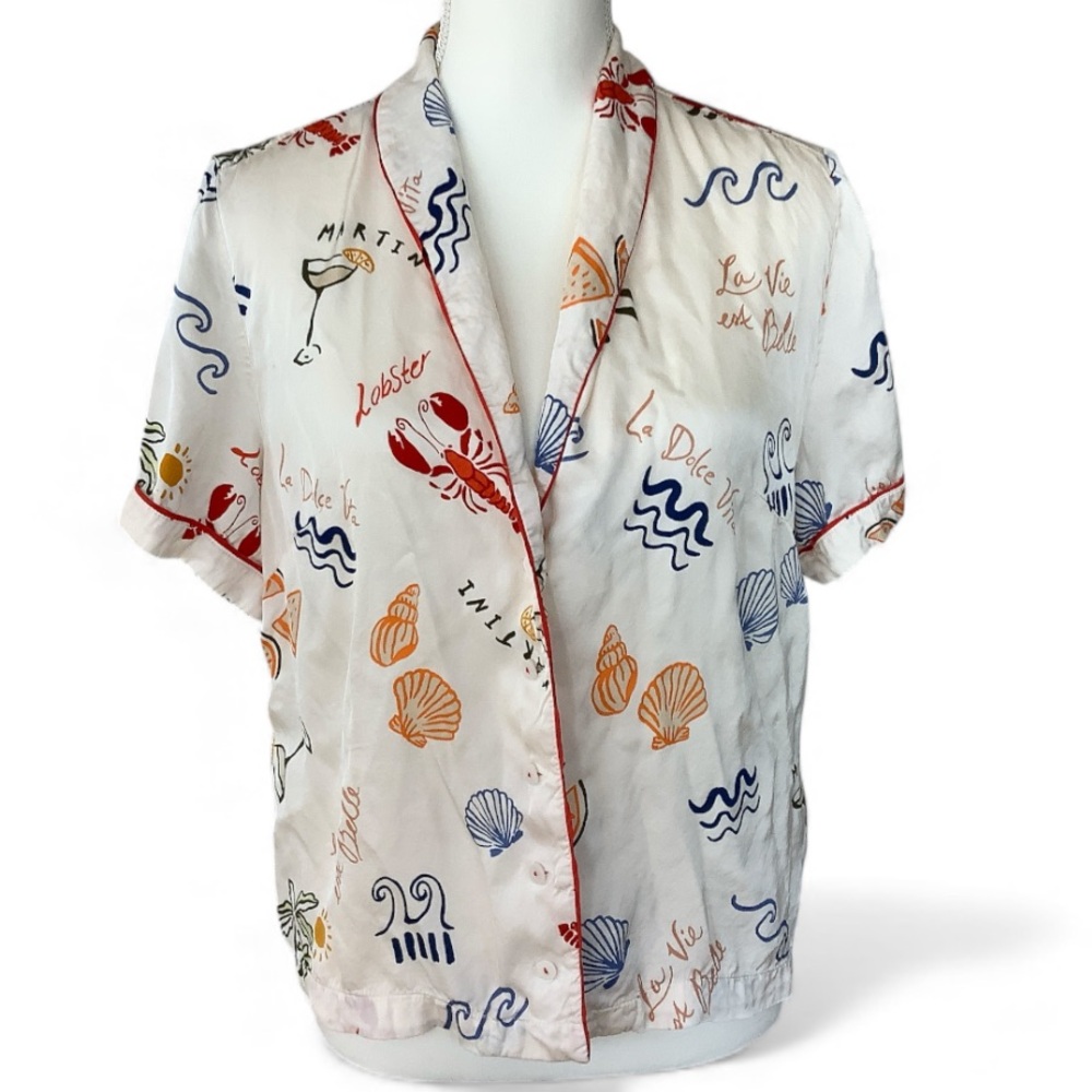 Anthropologie Silky Button Down Pajama Top Lobster Martini Intimates SZ Large - Picture 2 of 7